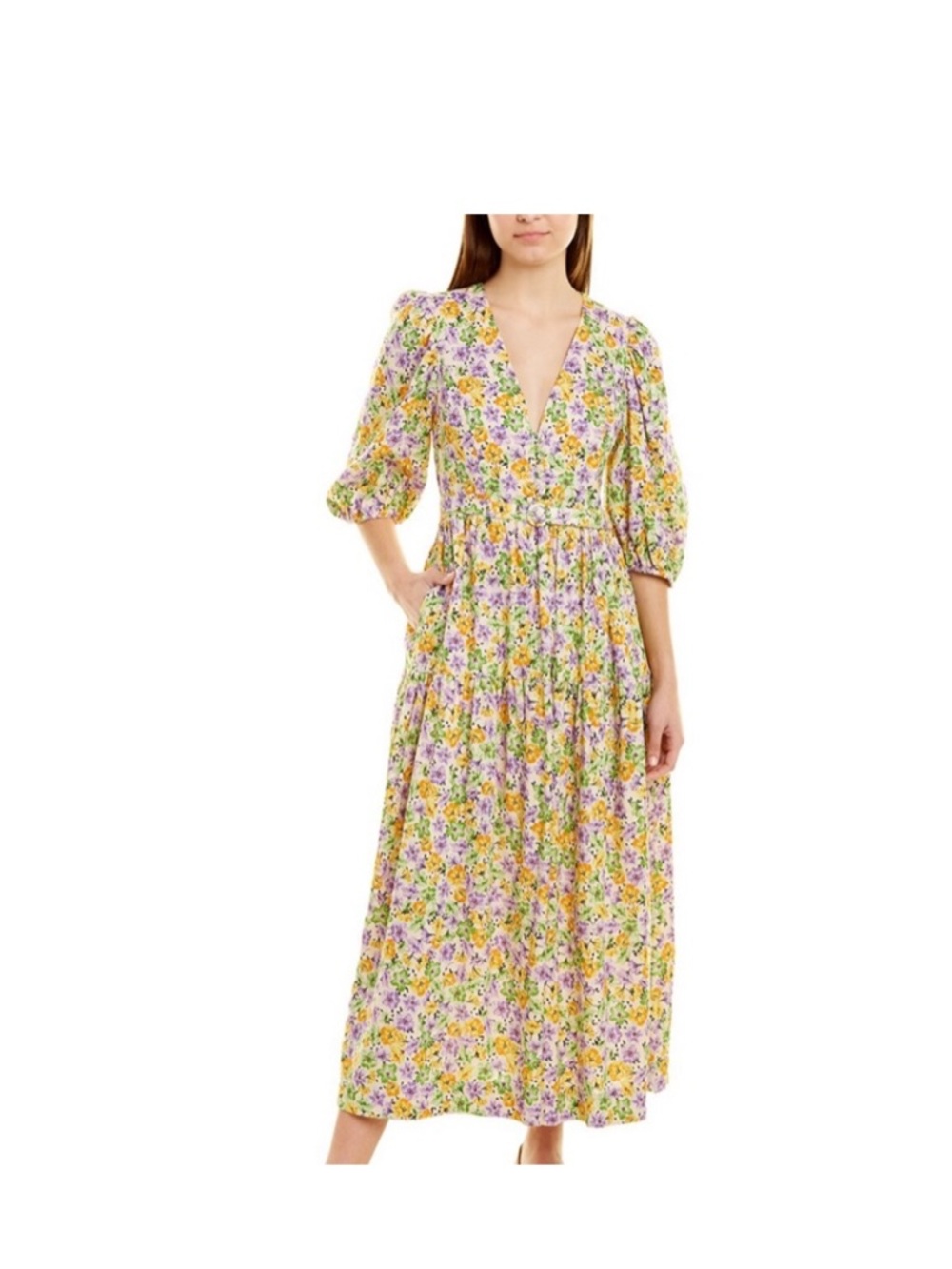 Nicholas Cellie Linen Blend Floral V-Neck Tiered Belted Maxi Dress in Yellow 4